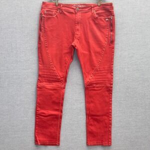 A Tiziano Red Moto Jeans Zipper Accents Ribbed Knee Stretch Men's Size 38